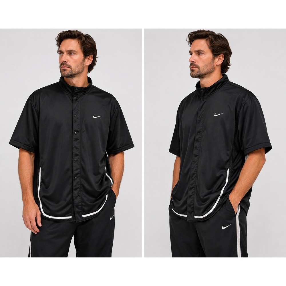 Nike Basketball Mens XL Black Snap Front Short Sleeve Warm Up Shirt Mesh Back
